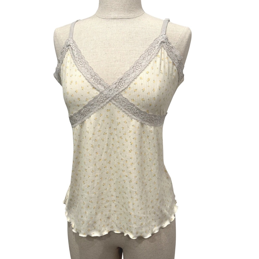 Laura Ashley Womens Large Floral Ribbed Lace Trim Camisole Top Cream Yellow L